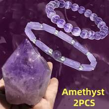 2 piezas Pulsera de cuentas de amatista natural elegante y de moda. Es adecuada para uso diario en todas las estaciones, sirve como un gran regalo y es ideal para apilar. Se cree que alivia la ansiedad y también trae buena suerte y fortuna.