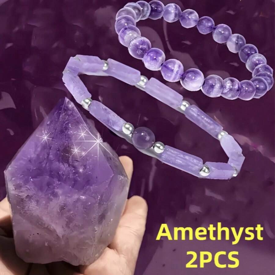2 piezas Pulsera de cuentas de amatista natural elegante y de moda. Es adecuada para uso diario en todas las estaciones, sirve como un gran regalo y es ideal para apilar. Se cree que alivia la ansiedad y también trae buena suerte y fortuna.