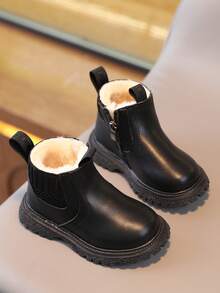 1 par de botas de tobillo bajo para niños pequeños con cierre de cremallera lateral, botas de moda de invierno para niños - Negro - Ver 2