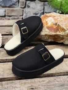 Women's Fluffy Faux Fur Lined Platform Slippers, Warm Bedroom Comfortable High Heel Slides, Closed Toe Indoor Outdoor Casual Flat Sandals - Black - View 6