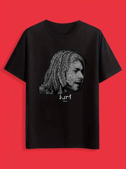 Camiseta Casual de Cuello Redondo para Hombre con Estampado Kurt - Poliéster Negro, Manga Corta, Estilo de Verano, Ajuste Regular, Atuendo Casual |   Camiseta gráfica |   Tela de poliéster