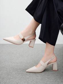 Sandalias de tacón alto grueso y puntera puntiaguda, cómodas y de moda, con hebilla cuadrada de color marfil - Beis - Ver 4