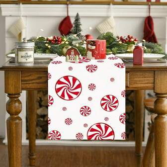 Christmas Linen Red And White Candy Cane Tablecloth, Candy Pattern Rectangular Table Runner, Seasonal Winter Christmas Holiday Farmhouse Style Dining Table Decor