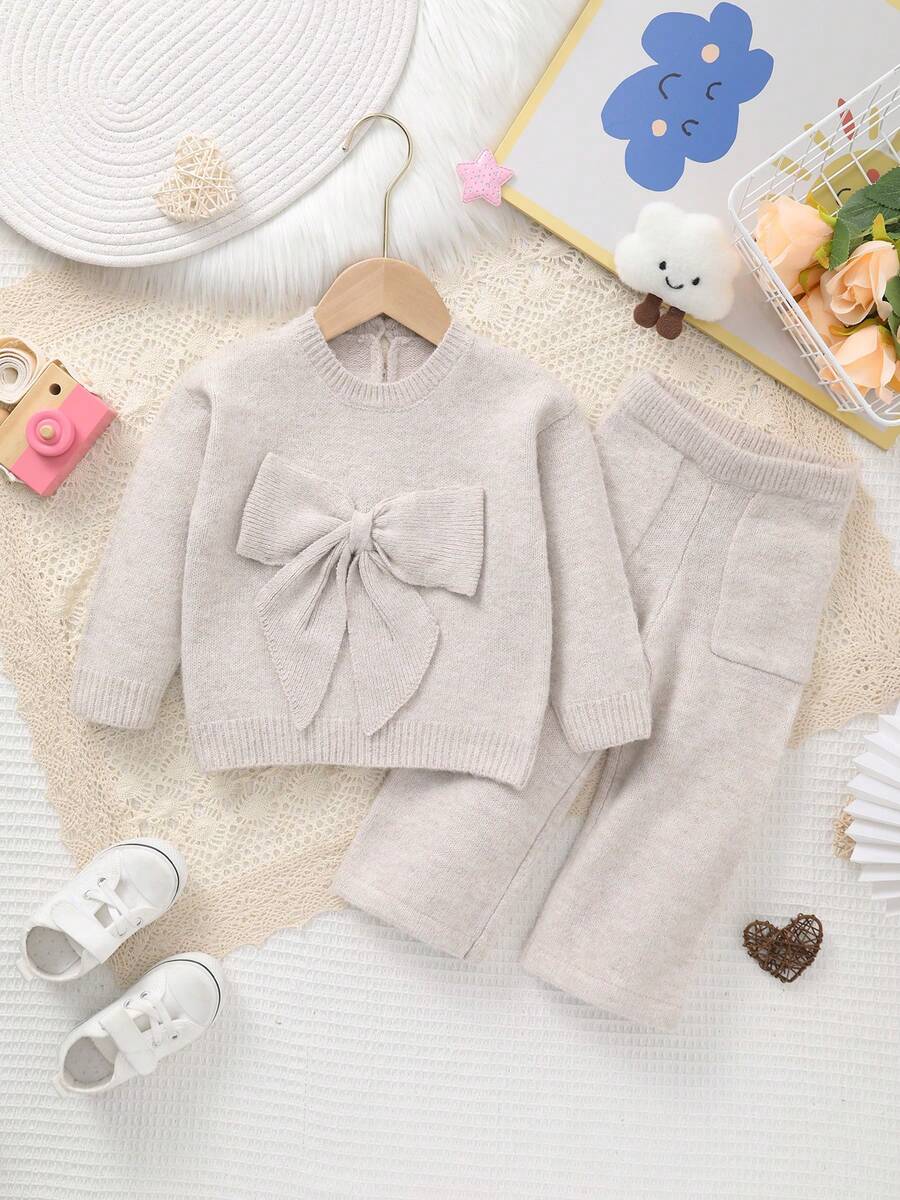 女婴3D蝴蝶结针织毛衣+纯色口袋裤套装 - 杏色 - 查看 1
