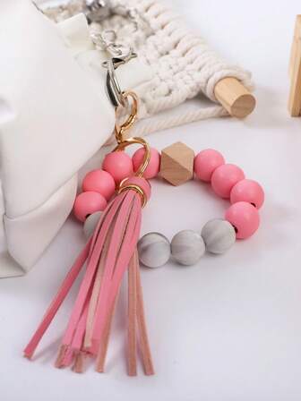1pc Colorful Beaded Wooden Tassel Keychain, Macaron Color Girly Bag Charm, Fashionable Cute Keyring, Gift For Loved Ones, Friends, Birthday