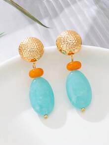 两款波西米亚风格优雅性感的不对称几何波纹玉石树脂吊坠和圆形心形耳环套装，适合聚会、度假和节日。 - 藍色樹脂耳環 - 查看 2