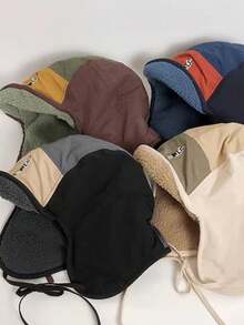1pc Contrast Color American Cartoon Embroidered Winter Trapper Hat, Thick Warm Ear Protection Fleece Aviator Pilot Cap Autumn Decor - A - View 7