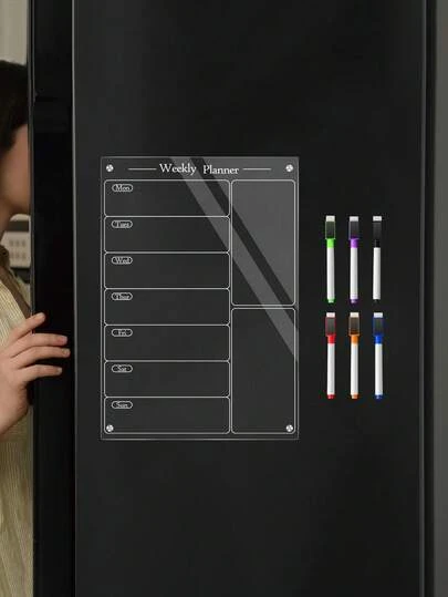 1 Bảng ghi nhớ từ tính acrylic có thể xóa được dùng trang trí tủ lạnh, bảng trắng từ tính trong suốt để ghi danh sách việc cần làm, bảng lên kế hoạch bữa ăn hàng tuần, bảng thực đơn nhà bếp (Kèm theo 6 bút viết bảng từ tính có đầu xóa được để tái sử dụng)