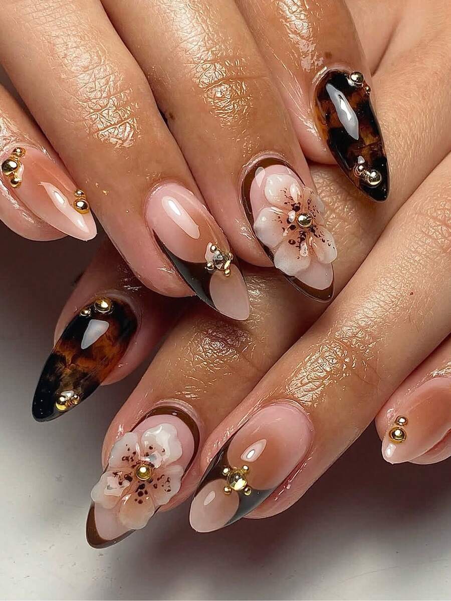 Handmade Nail Art, Maillard 3D Floral Nail Art, Amber Autumn Nail Art, Halo Nail Art, Brown Nail Art, Medium Almond French Tip Nail Art, False Nails For Women Nail Supplies Handmade Press On Nails - màu nâu - Xem 1