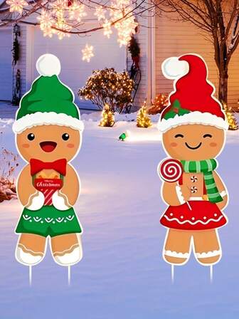 2pcs Gingerbread Man For Christmas Outdoor Decoration, Cute Gingerbread Lawn Decoration, Gingerbread Garden For Winter, New Year Decor