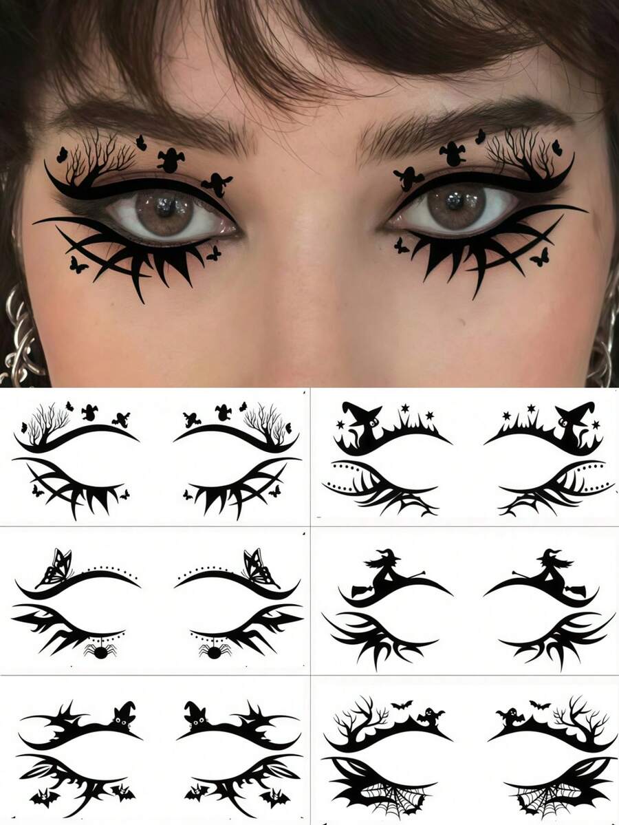 6 Blatt Eyeliner Aufkleber Halloween Augen Tattoos Halloween temporäre Tattoos Spinnennetz Augen Tattoo Lidschatten Aufkleber wasserfeste Eyeliner Aufkleber mit Fledermaus Hexe Schädel Schmetterling für Cosplay Festival Streich Make-up