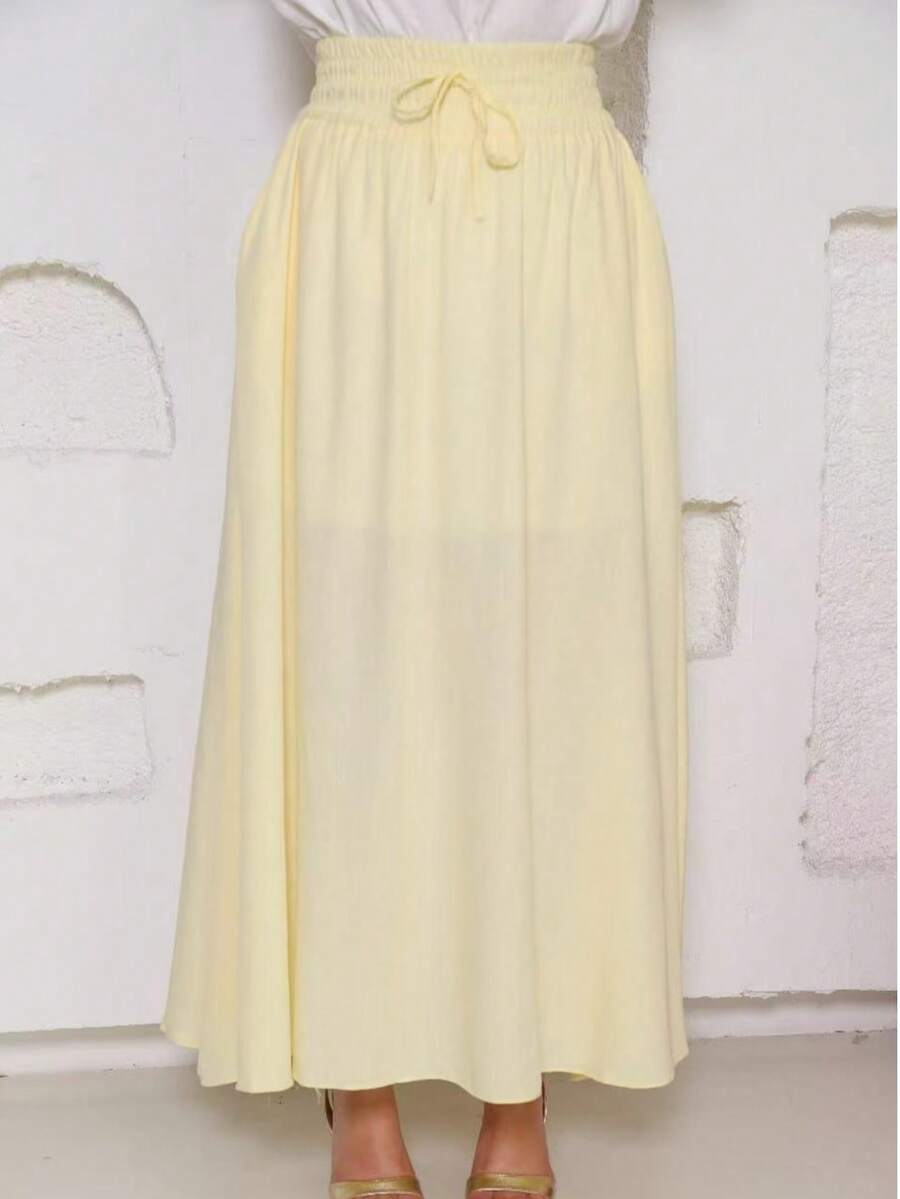 Steve Store Women's Fashion Viscose Fabric Skirt With Lining, Elastic Waistband, Pocket And Side Slits - lisa amarelo - 查看 1