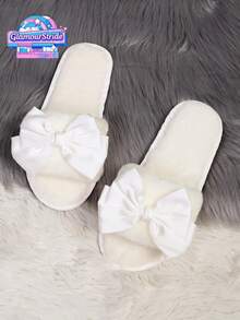 女士优雅天鹅绒蝴蝶结平底毛绒露趾拖鞋，适合情人节、派对和居家穿着，粉色、黑色和粉色，优质 TPR 防滑耐用鞋底，犒劳自己，品质保证，“我爱你”情人节拖鞋 - 純白色 - 查看 11