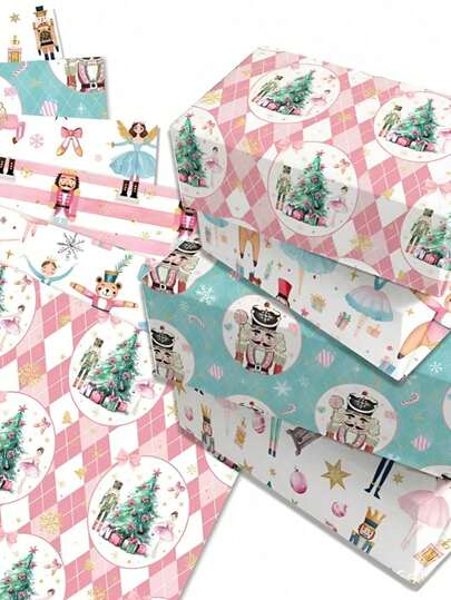 12pcs Cute Classic Nutcracker Printed Gift Wrapping Paper, Festive Christmas Element-Infused Wrapping Paper, Premium Paper For Xmas Gift Packaging, Family Gathering Presents, Party Favor Wrapping & Holiday Celebration Decor