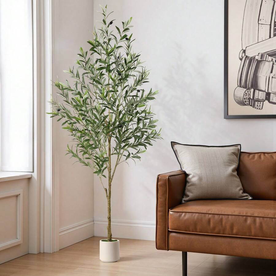 ALUPSSUC Artificial Olive Tree - 5-7FT(60n-84in) Tall Faux Silk Plant With Natural Wood Trunk & Lifelike Fruits - Perfect For Modern Home, Office, Living Room Floor Decor, With White Basin - 橄欖綠 - 查看 1
