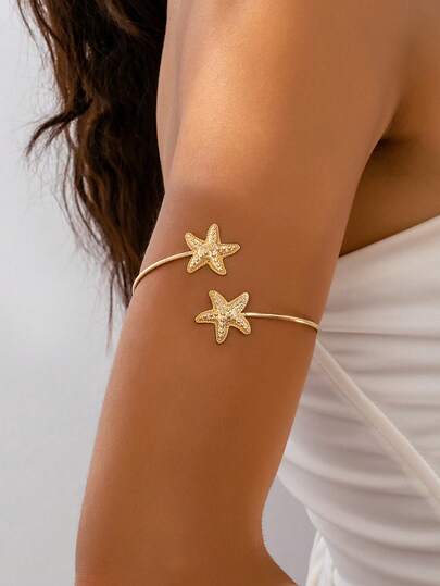 1pc Fashionable Casual Vacation Starfish Armband, Minimalist Gold Color Beach Resort Accessory For Women
