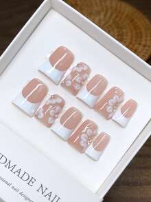 10 piezas de uñas usables hechas a mano con forma de óvalo alargado, calidad de uñas hechas a mano y diseño sencillo, desmontables y reutilizables, uñas rectangulares de estilo europeo y americano, diseño de talla de flores tropicales 3D hechas a mano, patrón hexagonal de teñido anudado pintado a mano, uñas usables de lujo hechas a mano