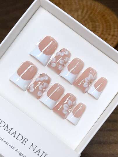 10 piezas de uñas usables hechas a mano con forma de óvalo alargado, calidad de uñas hechas a mano y diseño sencillo, desmontables y reutilizables, uñas rectangulares de estilo europeo y americano, diseño de talla de flores tropicales 3D hechas a mano, patrón hexagonal de teñido anudado pintado a mano, uñas usables de lujo hechas a mano