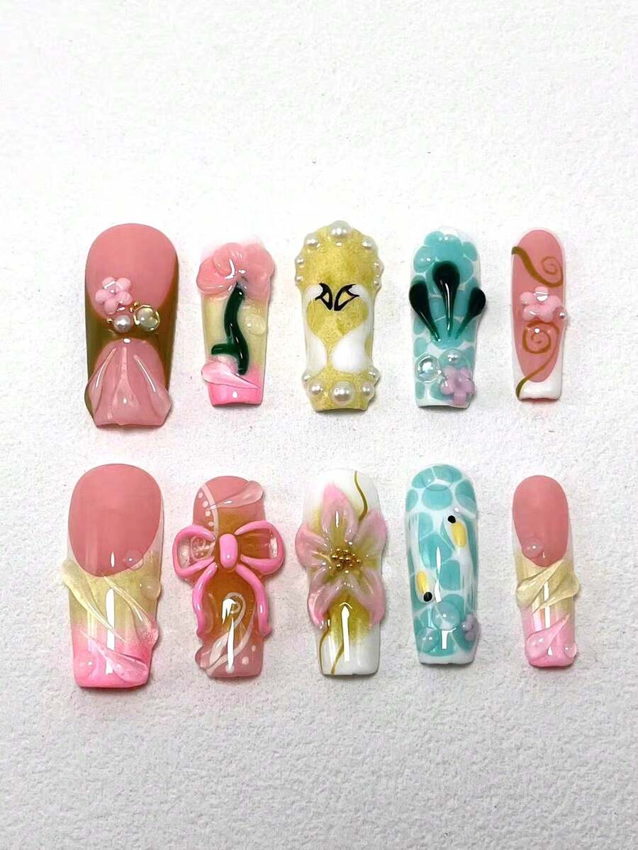 10-Piece Wearable Nail Covers, Square Nail Design, Gradient Dyeing, 3D Carved Nail Art, Suitable For Women To Wear, Available In Three Sizes, Suitable For Various Occasions Such As Parties, Dances, And Daily Wear.
