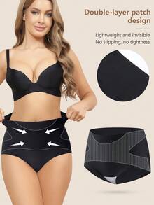 3pcs Black High Waist Seamless Women's Underwear, Double Layer Patchwork, Criss-Cross Strap, Full Coverage, Soft & Comfortable - Black - View 2