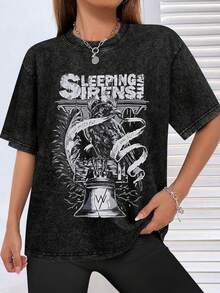 EWH Retro Rock Sleeping With Sirens Print, Men's Washed Short Sleeved T-Shirt, Vintage Style Loose Fit Distressed TopDG004 - màu đen - Xem 3