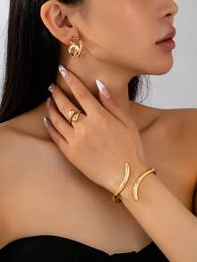 4 件/套几何水滴光滑镀金手镯、戒指、耳环首饰套装，适合女士，简约优雅多功能日常配饰，春季设计开口手镯