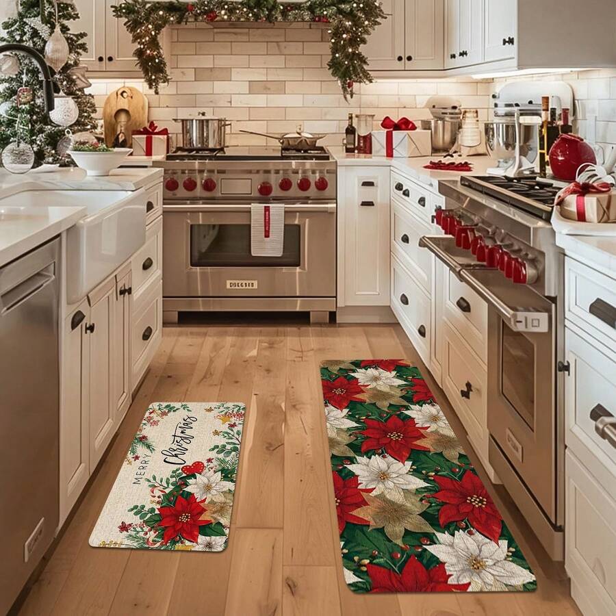 1/2pcs Christmas Floor Mat, Classic White Red Floral And Green Foliage Pattern Kitchen Floor Mat, Christmas Atmosphere Decoration, Kitchen Floor Mat, Room Decoration, Perfect For Dining Room, Hallway, Bathroom, Bedroom And Doorway - Multicolor - View 1