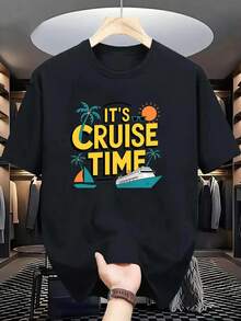 Men'S & Women'S Cruise Vacation Shirt - Tropical Cruise Time Graphic Tee With Palm Trees, Sunset & Cruise Ship - Lightweight Quick-Dry Fabric - Machine Washable Cruise Line Apparel For Cruise Parties, Beach Trips, Vacation Outfits - Regular Fit Casual T-Shirt, Travel Clothing, Playful Design, Durable Construction, Short Sleeve Top, Travel Enthusiasts - 黑色 - 查看 1