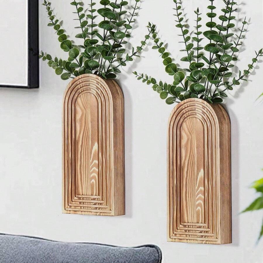 2 Pack Wooden Wall Vase Set - Brown Modern Farmhouse Boho Wall Decor Entryway, Hallway, Bathroom, Living Room, Dining Room, Narrow Spaces - 棕色 - 查看 1