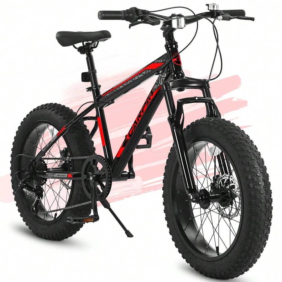 20 Inch Mountain Bike For Kids And Teenagers, High Carbon Steel Frame, Disc Brakes, Durable Wide Tires, Front Suspension, 7-Speed, Ideal For Snow And Off-Road Riding