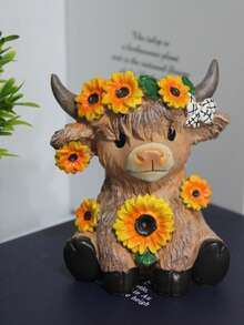 وعاء زهور من الراتنج بتصميمين لبقرة الهضبة، تمثال راتنجي لبقرة الهضبة الاسكتلندية مع دوار الشمس الربيعي، أزواج العجول، ديكور طاولة مكتب أو منزلي مناسب كهدية
