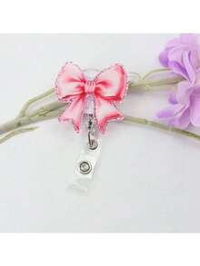 1pc Pink Glitter Floral Printed Bow Stethoscope Needle Tube Shaped Acrylic Retractable Badge Reel With Clip ID Badge Holder Badge Reel Gift For RN LPN CNA Nurse Doctor Assistant Medical Staff