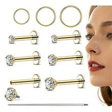 Bộ 10 khuyên tai phẳng 16G, khuyên mũi ren trong, khuyên mũi CZ, khuyên môi phẫu thuật, khuyên vành tai, khuyên mũi, khuyên sụn, khuyên tai xoắn ốc - Xỏ khuyên mặt - Xem 1