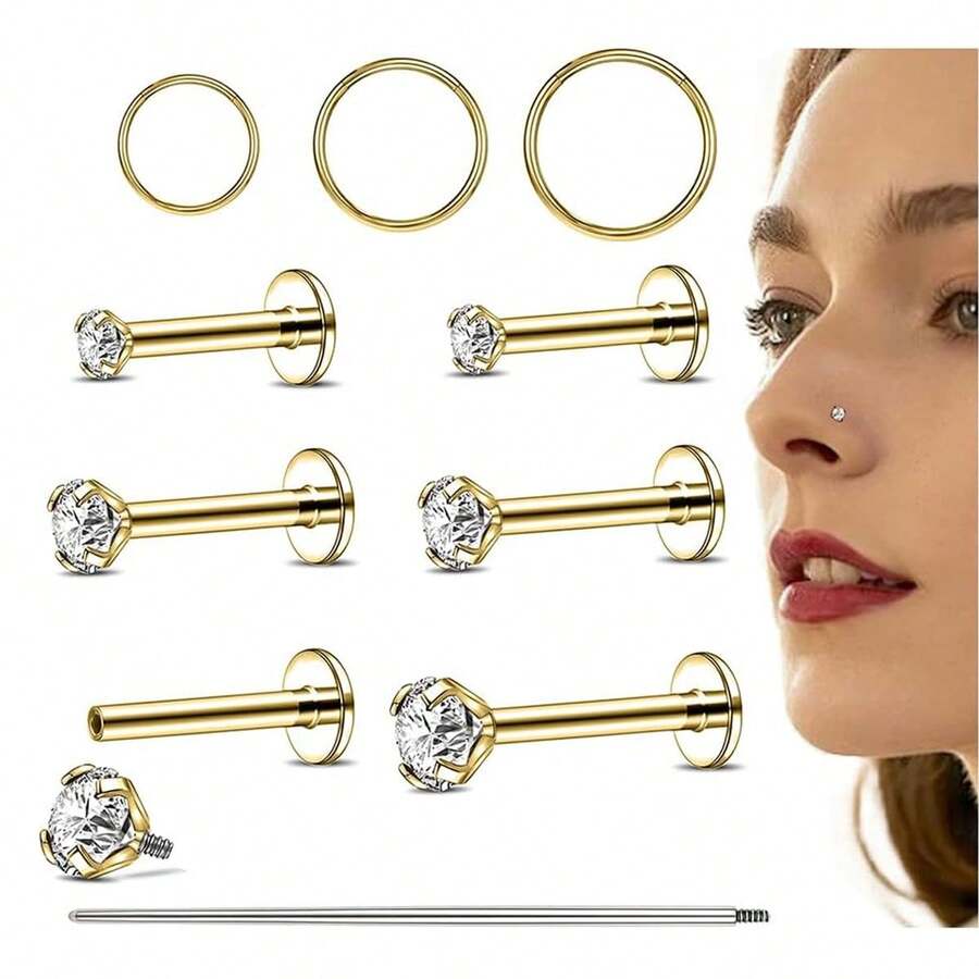 Bộ 10 khuyên tai phẳng 16G, khuyên mũi ren trong, khuyên mũi CZ, khuyên môi phẫu thuật, khuyên vành tai, khuyên mũi, khuyên sụn, khuyên tai xoắn ốc - Xỏ khuyên mặt - Xem 1