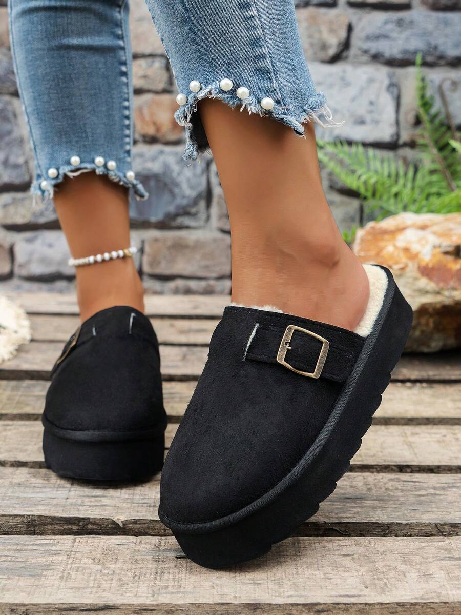 Women's Fluffy Faux Fur Lined Platform Slippers, Warm Bedroom Comfortable High Heel Slides, Closed Toe Indoor Outdoor Casual Flat Sandals