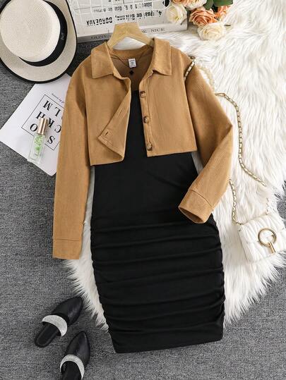 Jaqueta casual de veludo cotelê com gola e manga comprida para meninas + vestido de seda leitosa com bainha plissada simples, primavera/outono