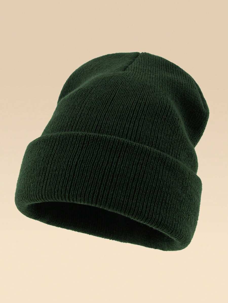 1 chiếc mũ len đan màu trơn ấm áp dành cho cả nam và nữ khi đi chơi ngoài trời, thích hợp để đội hàng ngày, trang trí mùa thu - xanh quân đội - Xem 1