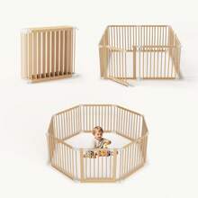 Jimberbay Foldable Wooden Baby Playpen - 8 Panel Large Playard With Reliable Locking Gate, Adjustable Design For Home Use, 57"X57"X24" (CPC Certified) - Màu be - Xem 1