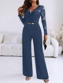 ChicMe 女士金属腰部装饰V领蕾丝长袖连体裤，高腰直筒修身连体裤，适合约会和商务场合