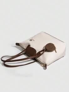 大容量粉色校园托特包，时尚简约百搭通勤包，适合大学生休闲出游单肩包 - 卡其色 - 查看 2