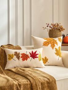 1 pieza Funda de almohada con hojas de arce de otoño y calabaza de 18 X 18 pulgadas, bordado 3D en capas de calabaza, funda de almohada de estilo granja en color beige para sofá, sillón, decoración de otoño, Halloween, Acción de Gracias, decoración de otoño, decoración de habitación, regreso a la escuela, útiles escolares