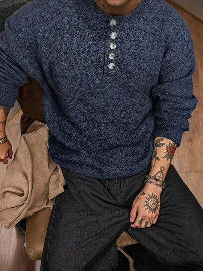 Casual Loose Autumn/Winter Solid Color Button-Up Polo Collar/Round Neck Long Sleeve Drop Shoulder Minimalist Pullover Sweater, Unisex