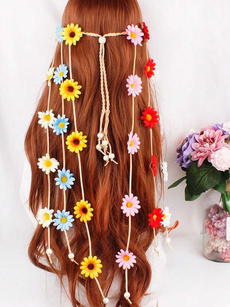 1 件花朵嬉皮头带花冠 Behemain 向日葵珠子可调节花朵头饰发饰（黄色） - 彩色 - 查看 2