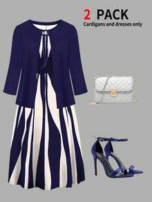 Conjunto de 2 piezas de mujer talla grande con chaqueta tipo cárdigan de manga 3/4 con lazo delantero y vestido asimétrico de cuello redondo sin mangas con estampado de rayas, elegante para otoño/invierno primavera verano - Azul Marino - Ver 3