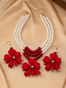 3 件套女士首饰套装，红花三层珍珠项链和耳环套装，波西米亚复古优雅时尚配饰，适合送礼、派对、宴会和日常佩戴 - 紅色 - 查看 3
