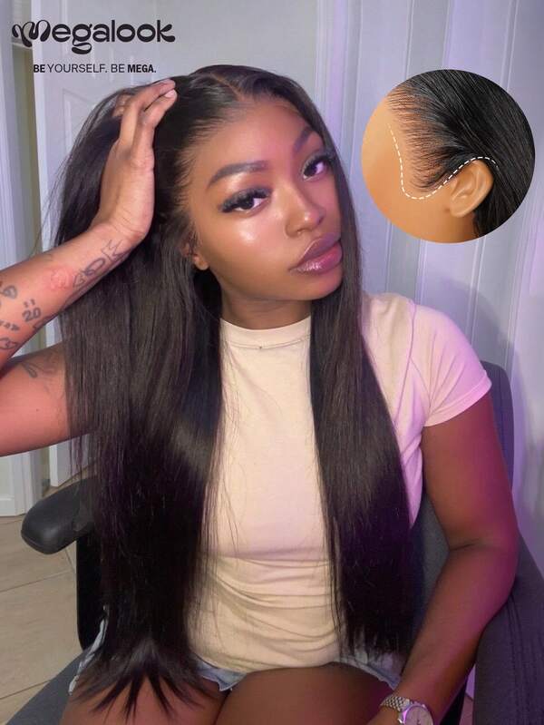 MEGALOOK Actualización de pelucas sin pegamento Tres-Go™ de 13x6, cabello humano virgen 100% premium de seda recta, pelucas sin pegamento de color negro natural con frontal de encaje de oreja a oreja pre-cortado, pelucas frontales de encaje transparente pre-estilizadas, peluca de cabello humano virgen 100%, duradera y de larga duración, ligera, cómoda todo el día, con mínimo desprendimiento para uso diario