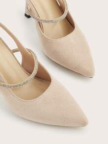 Almond Faux Suede Rhinestone Decor Stiletto Heel Slingback Pumps, Versatile For Daily Wear, Banquet, Party, Fashion Women High Heels, Rhinestone Color And Quantity Random - Apricot - View 5