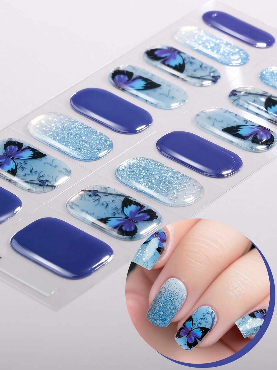 16pcs Chinese Style Semi-Cured Gel Nail Stickers, Celadon Butterfly Pattern Self-Adhesive Gel Nail Stickers, Easy Manicure, Salon Quality, Women DIY Nail Stickers Nails Nail Supplies