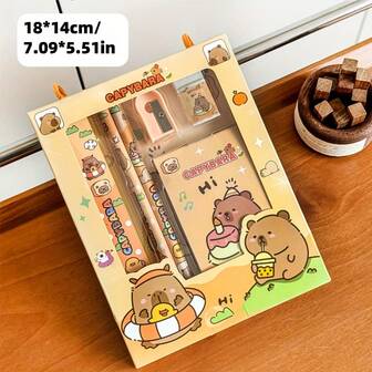 6pcs Cartoon Stationery Set, Multifunctional Writing Tools Including Pencil, Ruler, Eraser, Pencil Sharpener And Notebook, Suitable As Student Gift