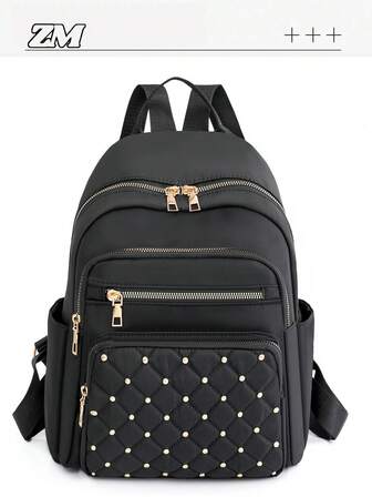 Lightweight Argyle Quilted Zipper Backpack Purse, Large Capacity Studded Decor Bookbag, Casual Laptop Bag Studded Decor Quilted Functional Backpack, Mother's Day Gift For Mom School Bag For Graduate, Teen Girls, Freshman, Sophomore, Junior & Senior In College, University & High School, Perfect For Outdoors ,Travel & Back To School Quilted Zipper Backpack Purse, Classic Studded Decor Daypack, Women's Stylish Preppy School Bag & Book Bag